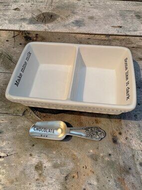 Mud Pie Ceramic Divided Dish With "Make Mine Milk" & Decorative Metal "Chocolate